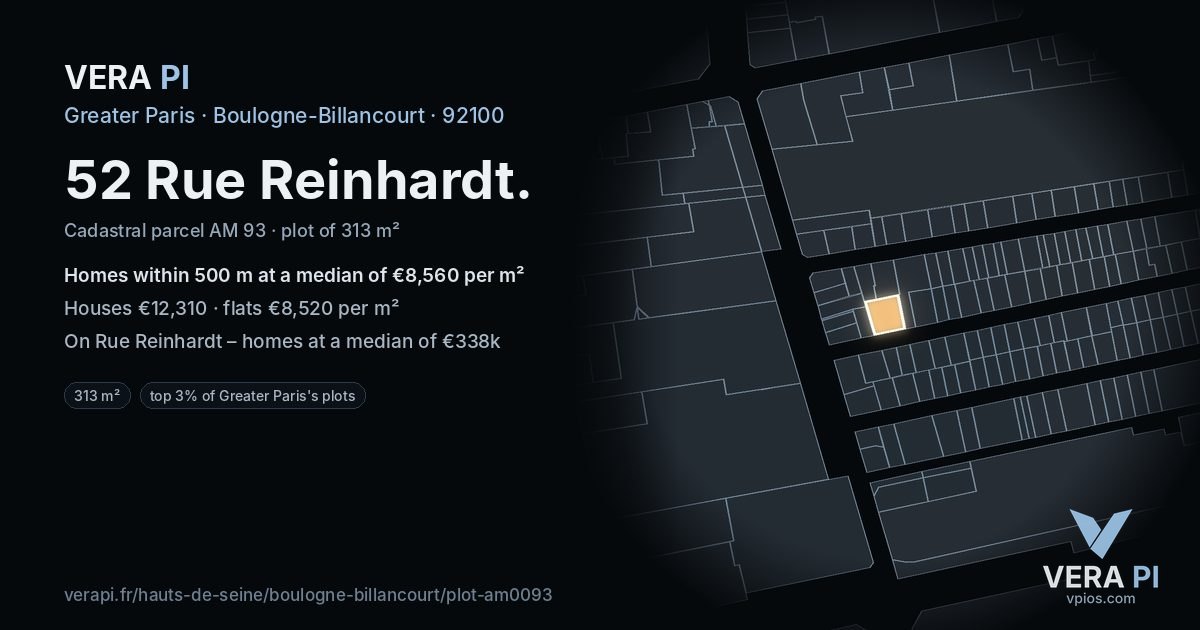 52 Rue Reinhardt, Boulogne-Billancourt at night – the plot lit, the parcels around coloured by the prices near them