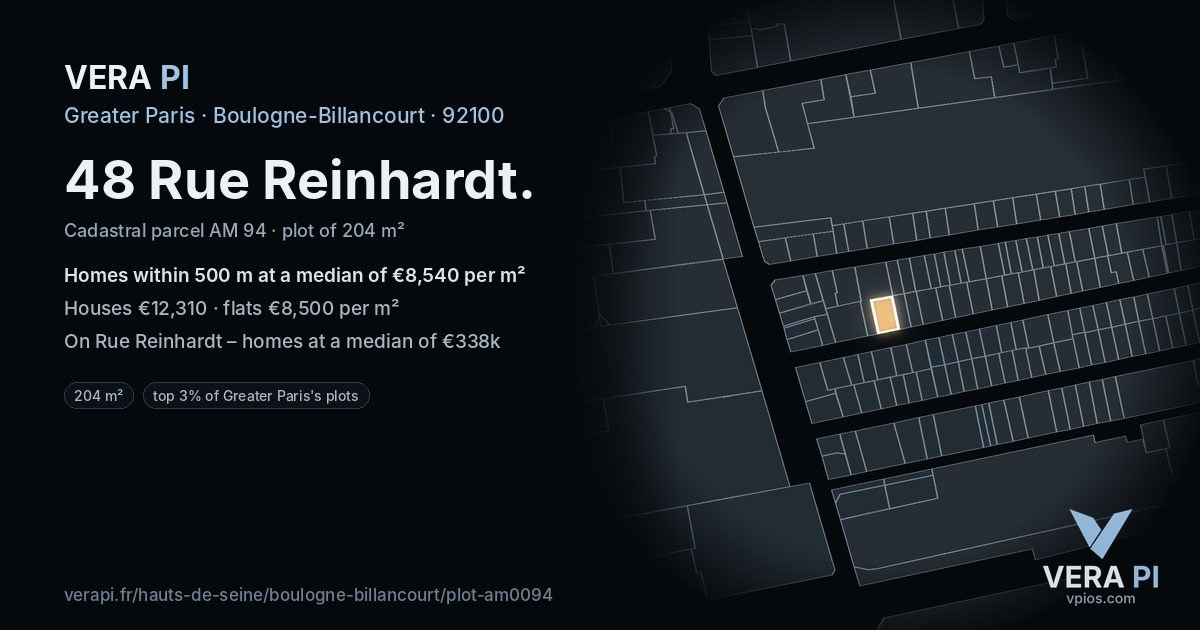 48 Rue Reinhardt, Boulogne-Billancourt at night – the plot lit, the parcels around coloured by the prices near them
