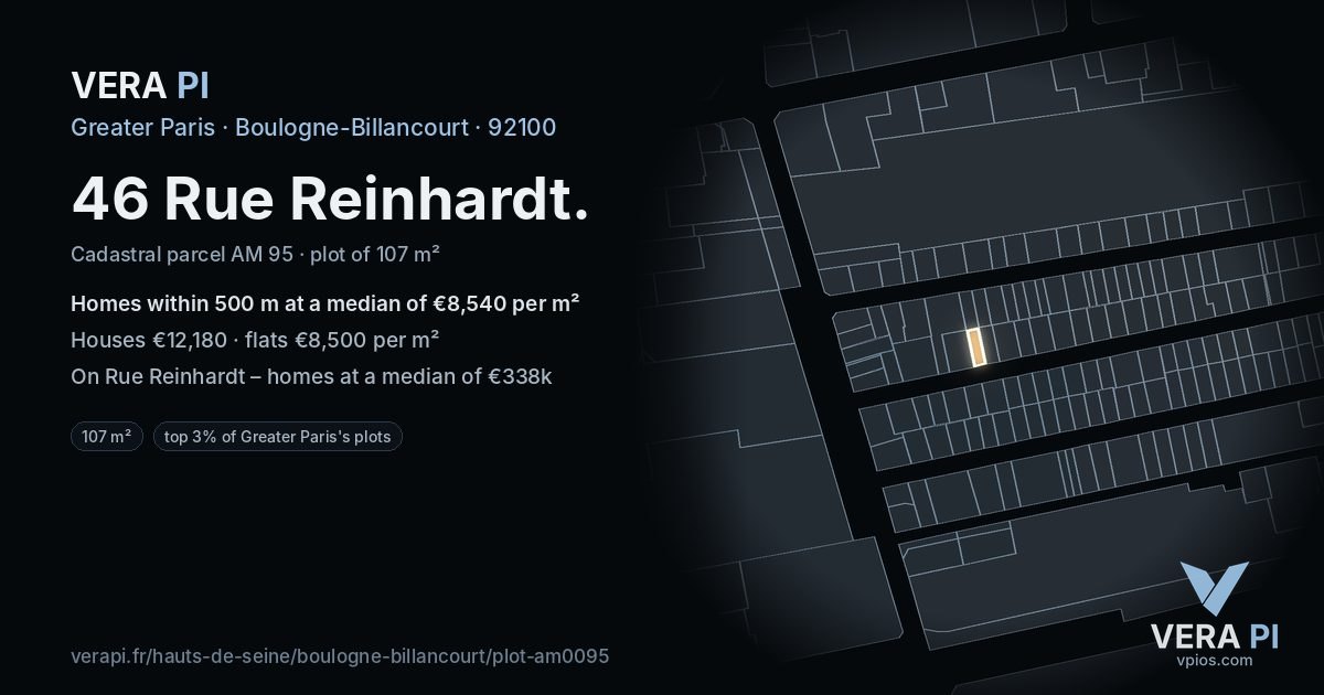 46 Rue Reinhardt, Boulogne-Billancourt at night – the plot lit, the parcels around coloured by the prices near them