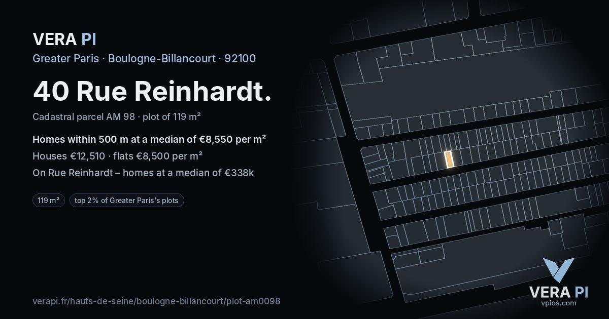 40 Rue Reinhardt, Boulogne-Billancourt at night – the plot lit, the parcels around coloured by the prices near them