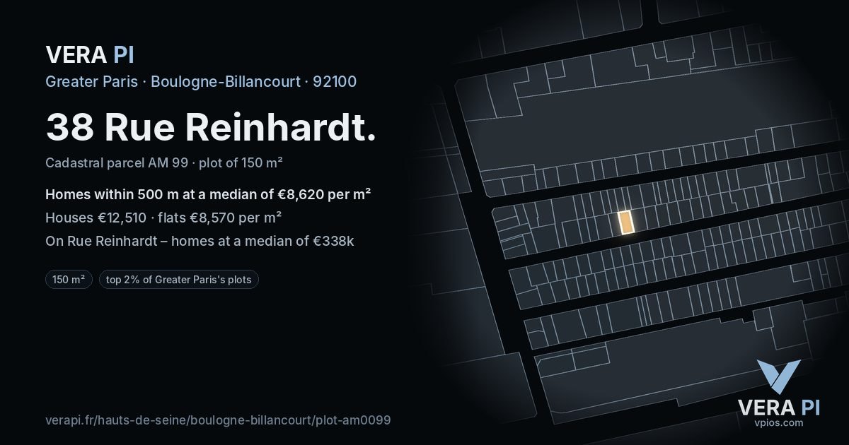 38 Rue Reinhardt, Boulogne-Billancourt at night – the plot lit, the parcels around coloured by the prices near them