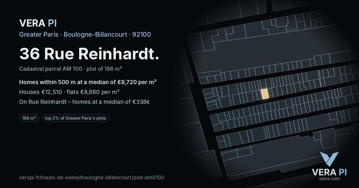 36 Rue Reinhardt, Boulogne-Billancourt at night – the plot lit, the parcels around coloured by the prices near them