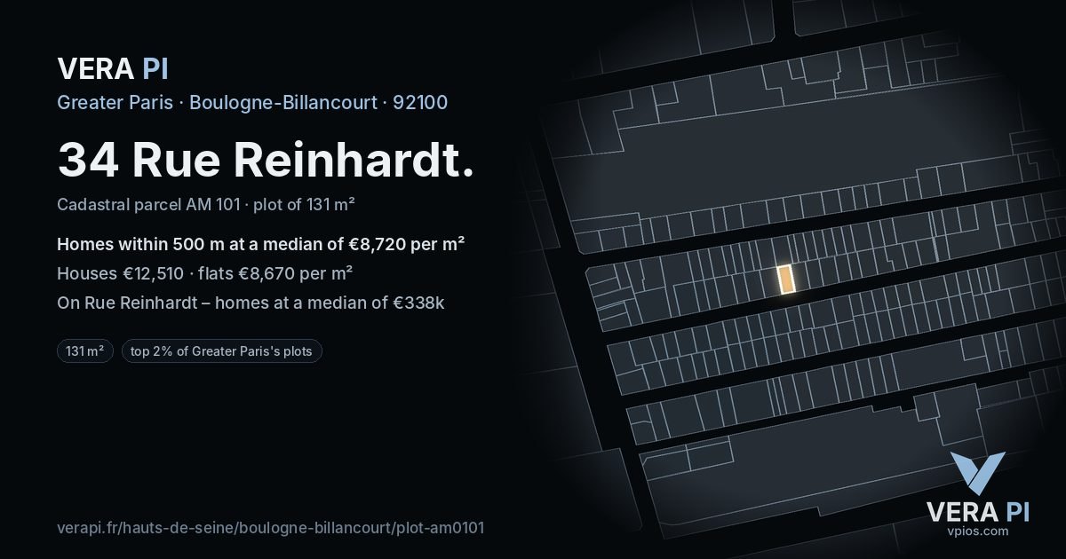 34 Rue Reinhardt, Boulogne-Billancourt at night – the plot lit, the parcels around coloured by the prices near them