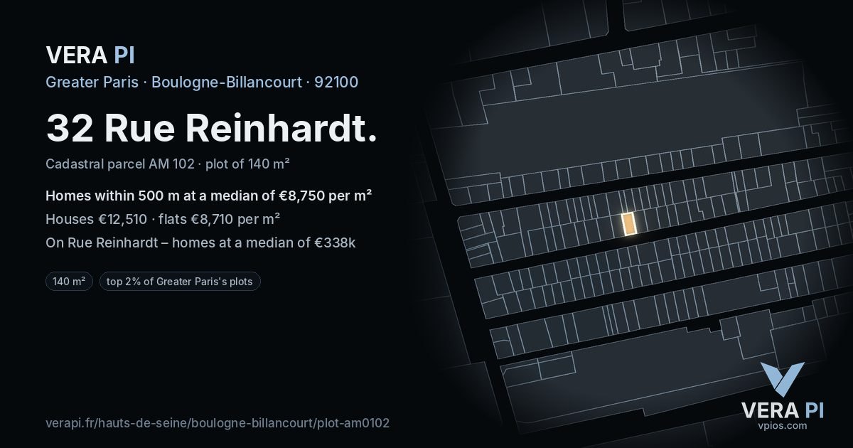 32 Rue Reinhardt, Boulogne-Billancourt at night – the plot lit, the parcels around coloured by the prices near them