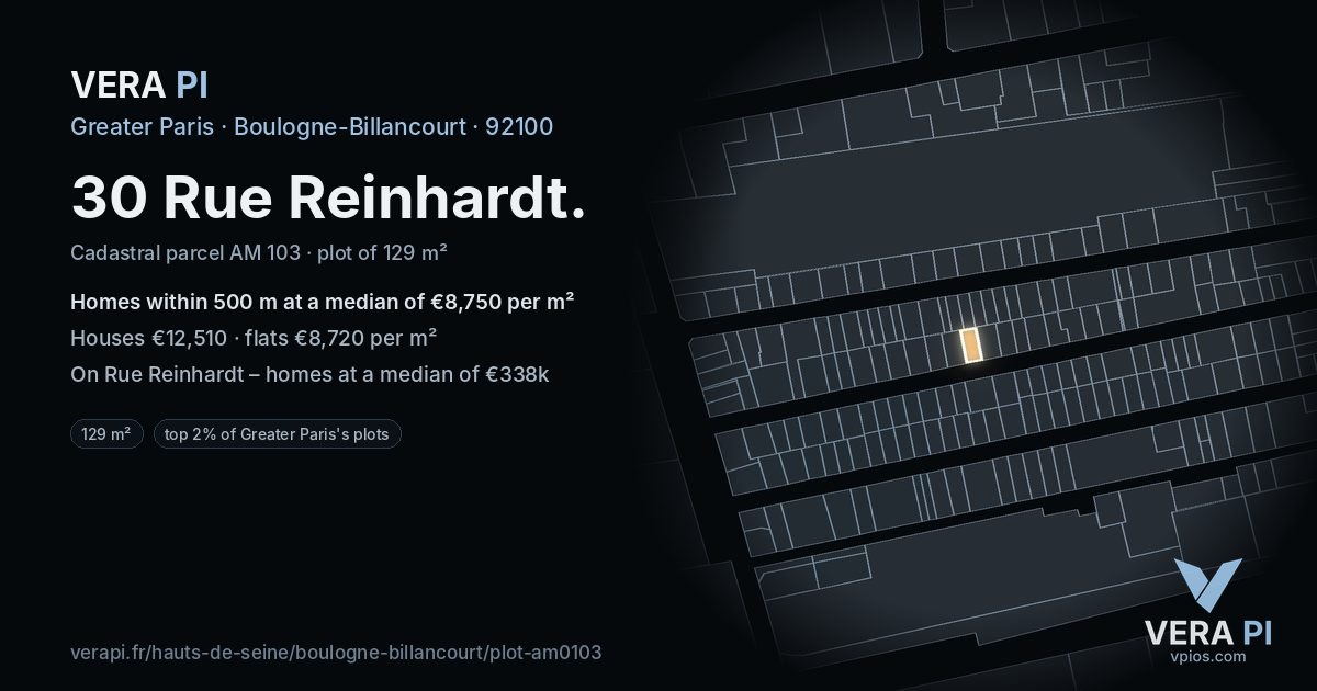 30 Rue Reinhardt, Boulogne-Billancourt at night – the plot lit, the parcels around coloured by the prices near them