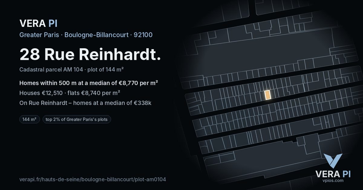 28 Rue Reinhardt, Boulogne-Billancourt at night – the plot lit, the parcels around coloured by the prices near them