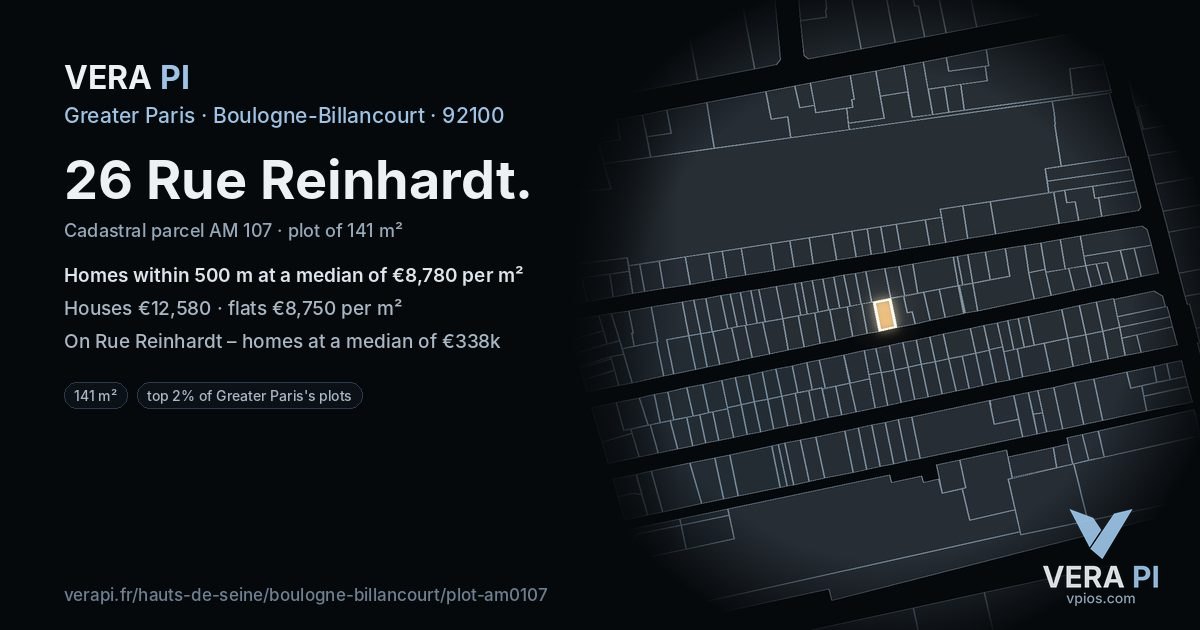 26 Rue Reinhardt, Boulogne-Billancourt at night – the plot lit, the parcels around coloured by the prices near them
