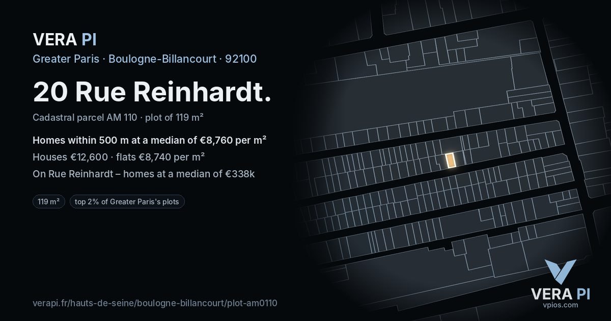 20 Rue Reinhardt, Boulogne-Billancourt at night – the plot lit, the parcels around coloured by the prices near them