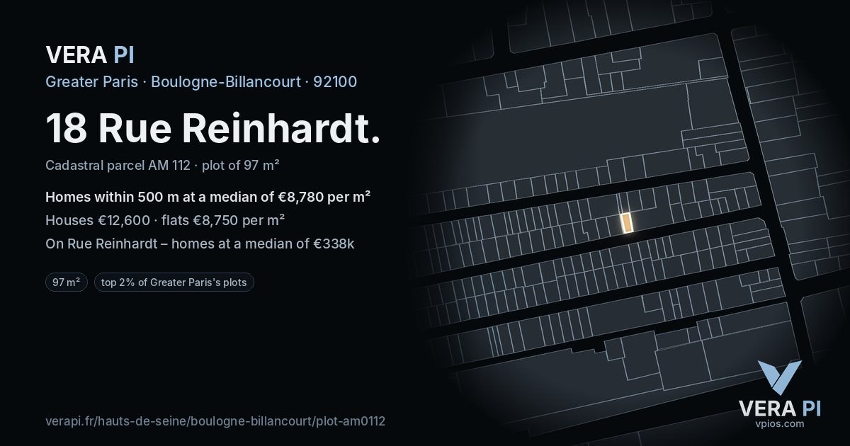 18 Rue Reinhardt, Boulogne-Billancourt at night – the plot lit, the parcels around coloured by the prices near them