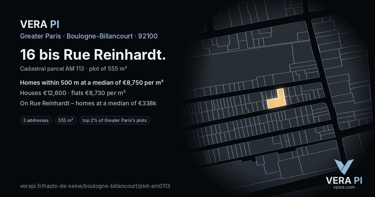 16 bis Rue Reinhardt, Boulogne-Billancourt at night – the plot lit, the parcels around coloured by the prices near them