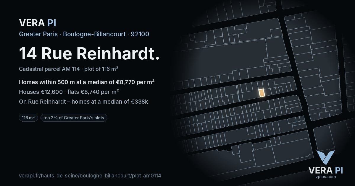 14 Rue Reinhardt, Boulogne-Billancourt at night – the plot lit, the parcels around coloured by the prices near them