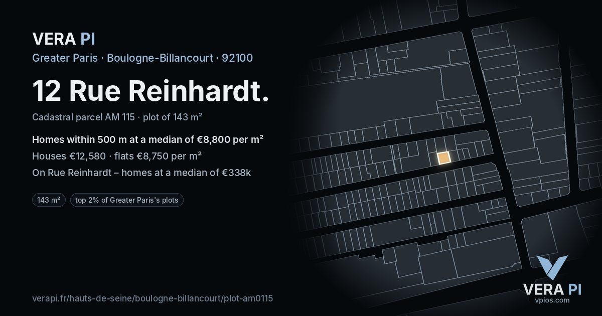 12 Rue Reinhardt, Boulogne-Billancourt at night – the plot lit, the parcels around coloured by the prices near them