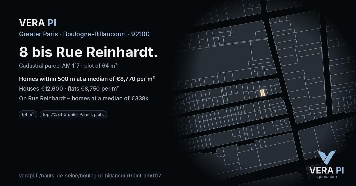 8 bis Rue Reinhardt, Boulogne-Billancourt at night – the plot lit, the parcels around coloured by the prices near them