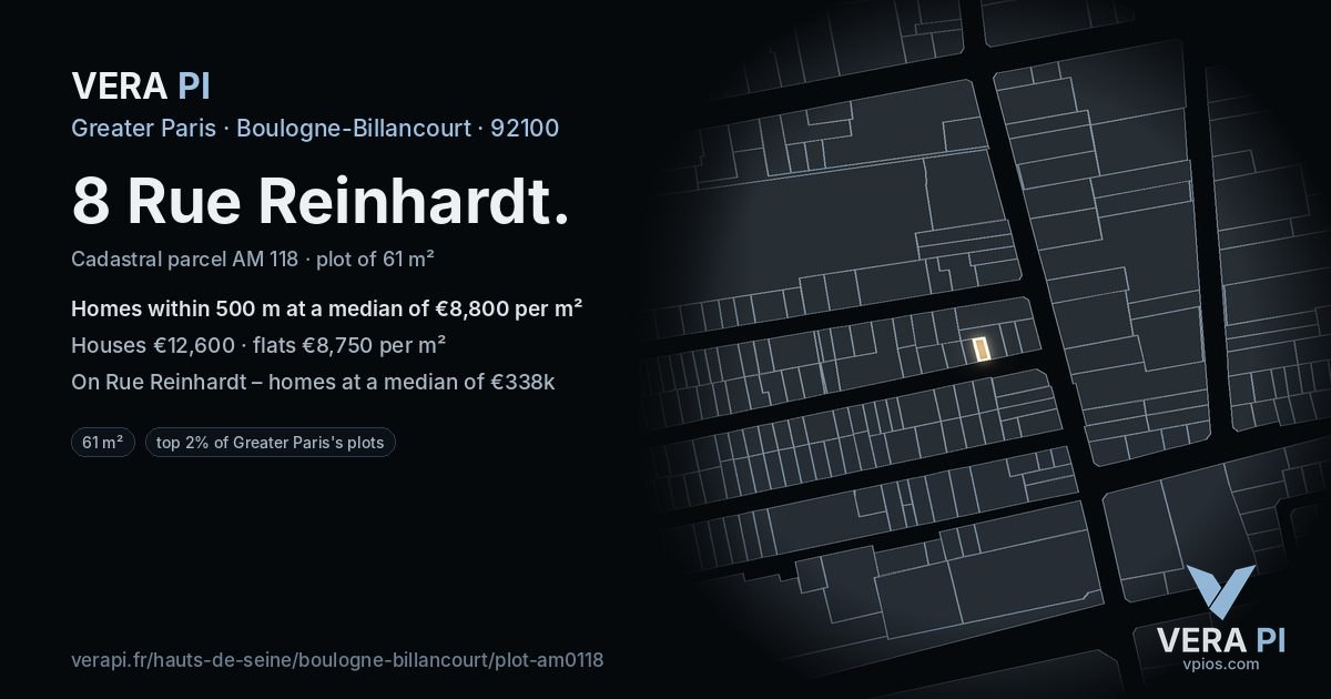 8 Rue Reinhardt, Boulogne-Billancourt at night – the plot lit, the parcels around coloured by the prices near them