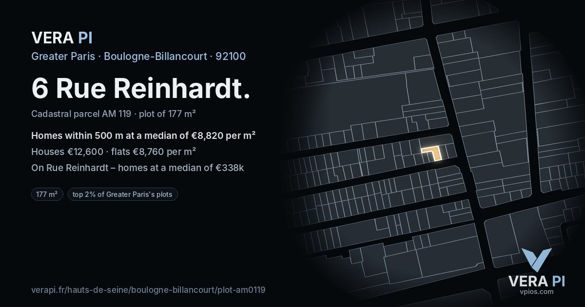 6 Rue Reinhardt, Boulogne-Billancourt at night – the plot lit, the parcels around coloured by the prices near them