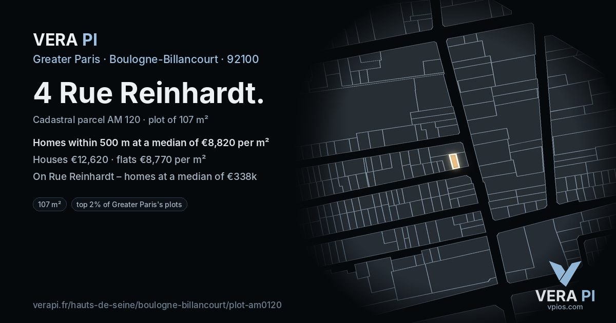 4 Rue Reinhardt, Boulogne-Billancourt at night – the plot lit, the parcels around coloured by the prices near them
