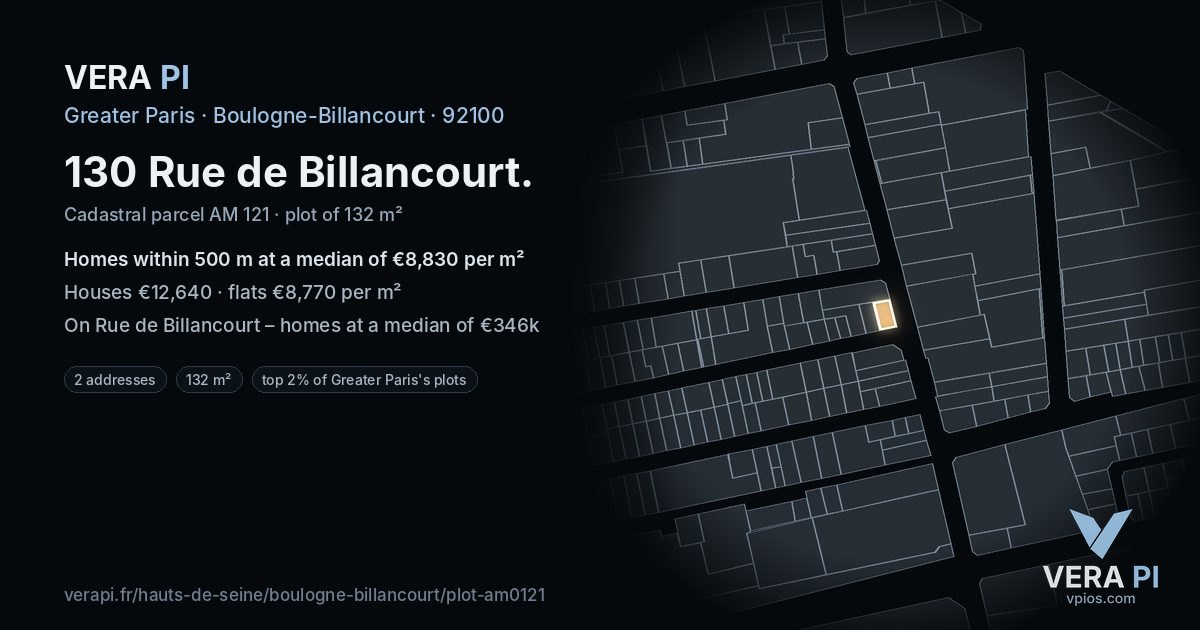 130 Rue de Billancourt, Boulogne-Billancourt at night – the plot lit, the parcels around coloured by the prices near them