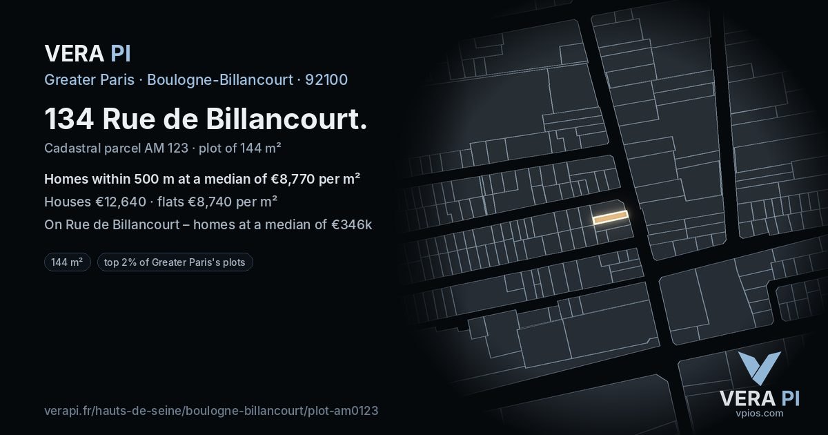 134 Rue de Billancourt, Boulogne-Billancourt at night – the plot lit, the parcels around coloured by the prices near them