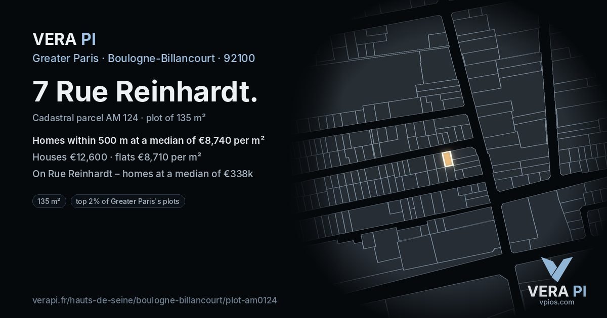 7 Rue Reinhardt, Boulogne-Billancourt at night – the plot lit, the parcels around coloured by the prices near them