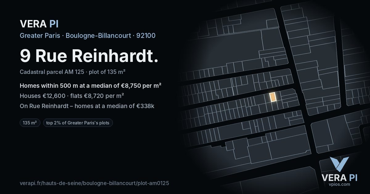 9 Rue Reinhardt, Boulogne-Billancourt at night – the plot lit, the parcels around coloured by the prices near them