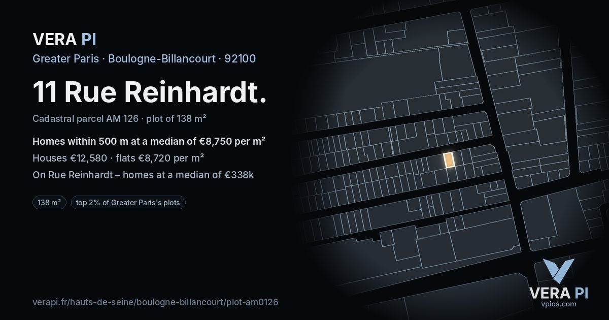 11 Rue Reinhardt, Boulogne-Billancourt at night – the plot lit, the parcels around coloured by the prices near them