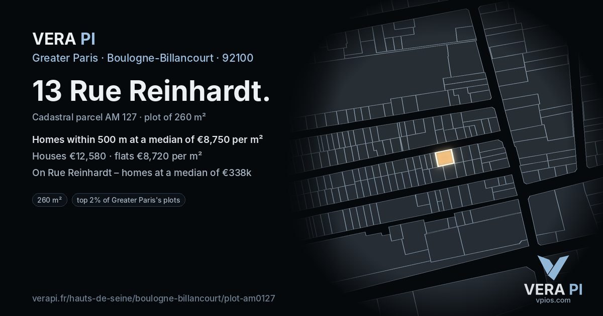 13 Rue Reinhardt, Boulogne-Billancourt at night – the plot lit, the parcels around coloured by the prices near them