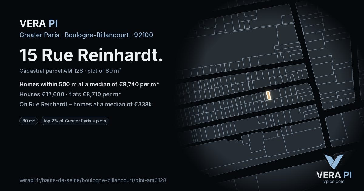 15 Rue Reinhardt, Boulogne-Billancourt at night – the plot lit, the parcels around coloured by the prices near them
