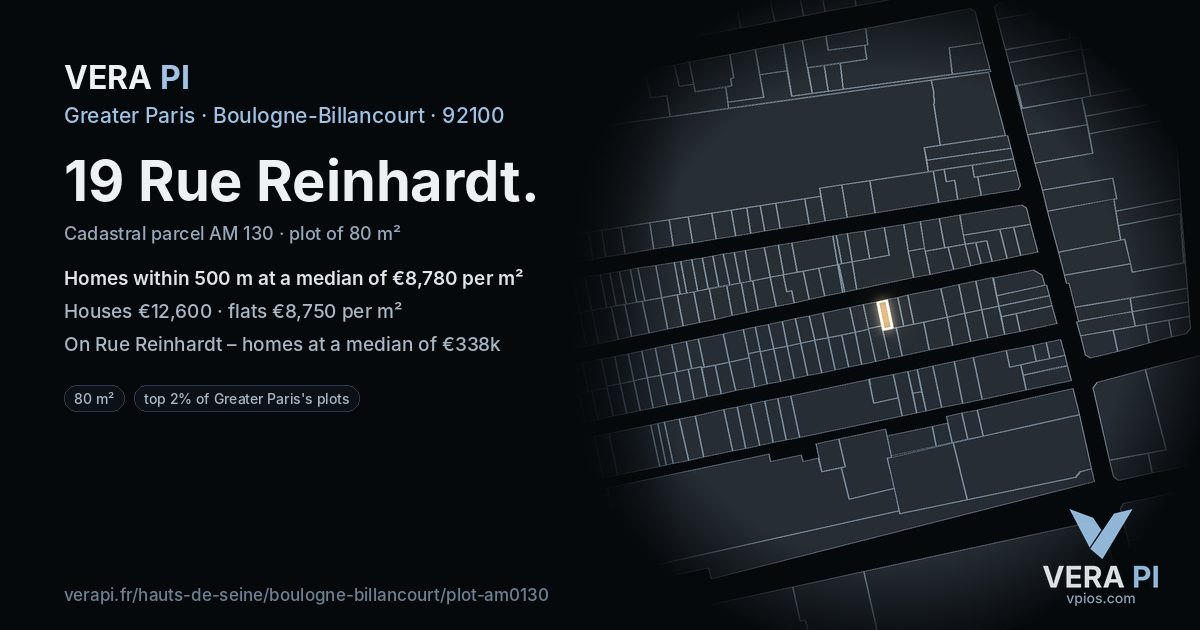 19 Rue Reinhardt, Boulogne-Billancourt at night – the plot lit, the parcels around coloured by the prices near them