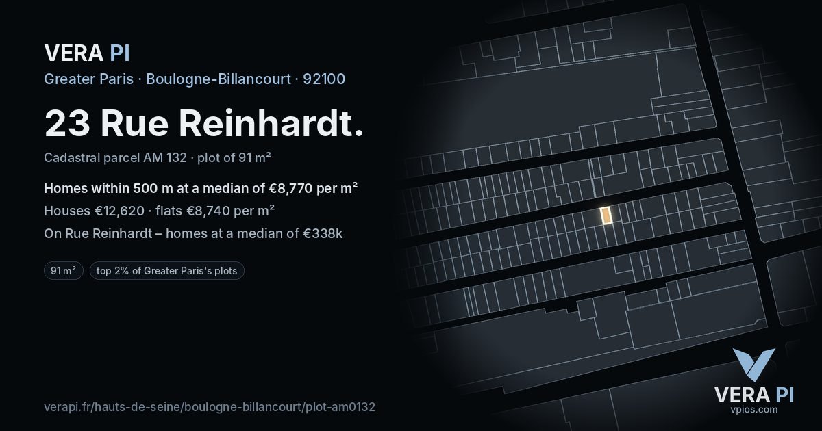 23 Rue Reinhardt, Boulogne-Billancourt at night – the plot lit, the parcels around coloured by the prices near them