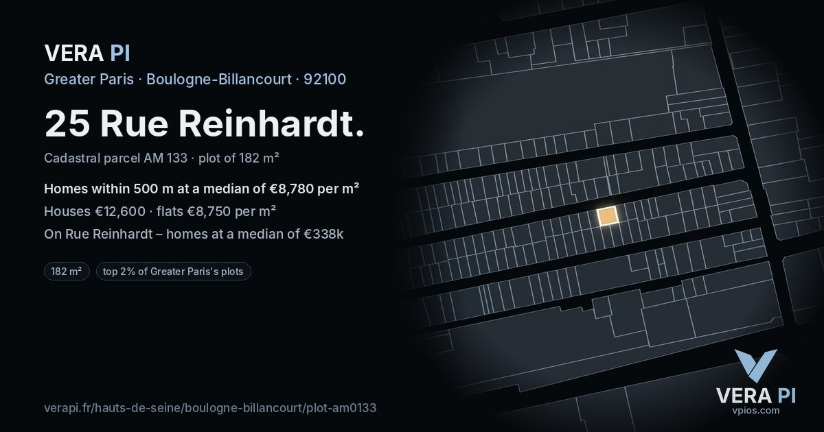 25 Rue Reinhardt, Boulogne-Billancourt at night – the plot lit, the parcels around coloured by the prices near them