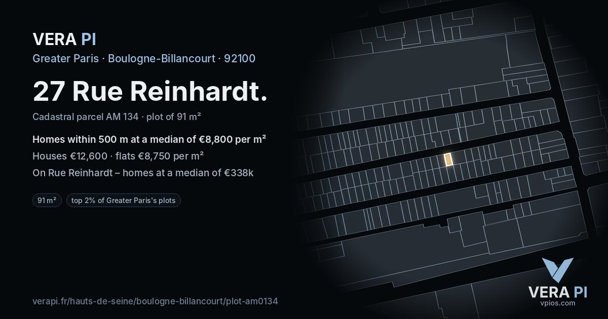 27 Rue Reinhardt, Boulogne-Billancourt at night – the plot lit, the parcels around coloured by the prices near them