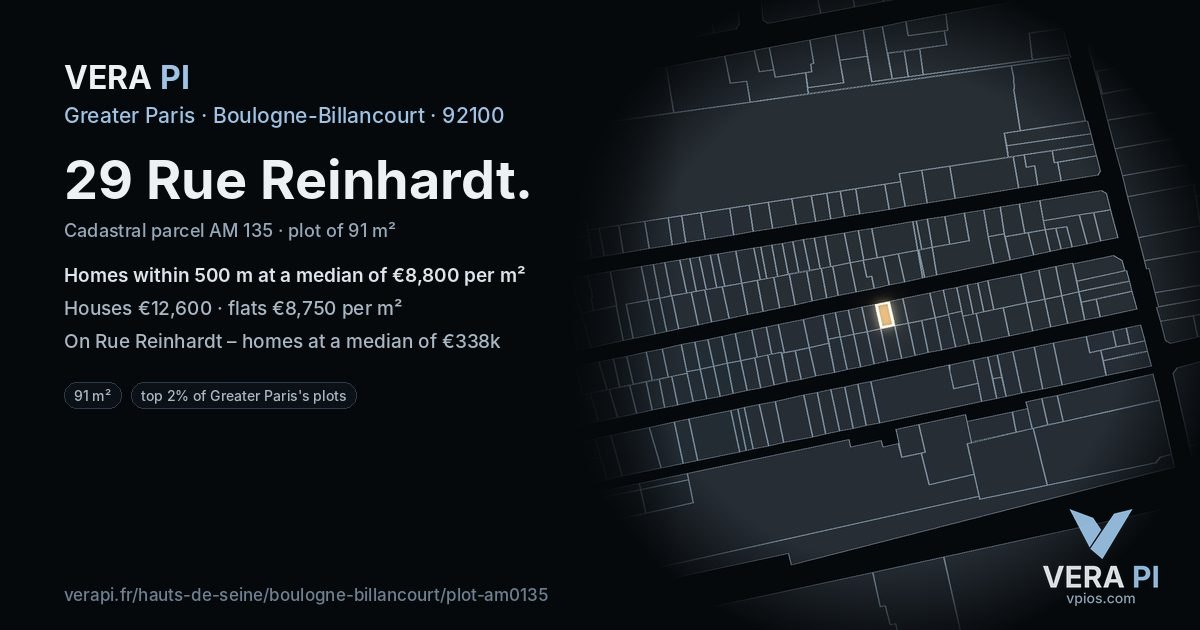29 Rue Reinhardt, Boulogne-Billancourt at night – the plot lit, the parcels around coloured by the prices near them