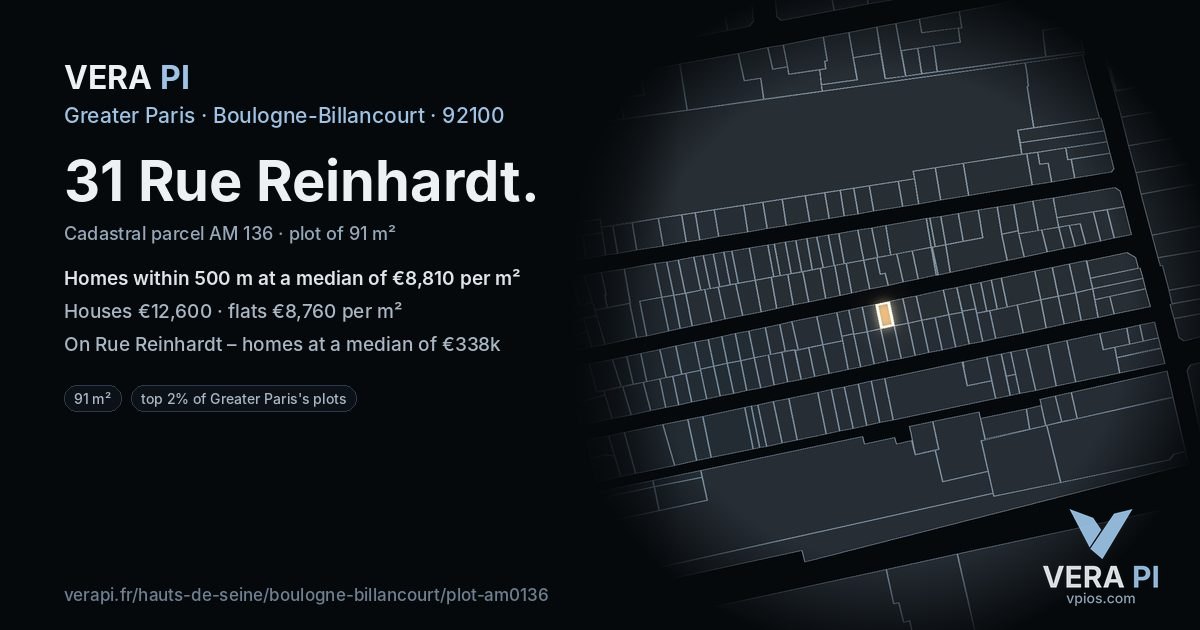 31 Rue Reinhardt, Boulogne-Billancourt at night – the plot lit, the parcels around coloured by the prices near them