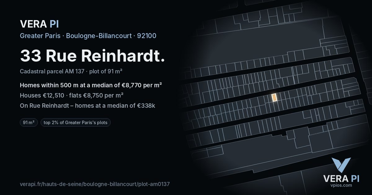 33 Rue Reinhardt, Boulogne-Billancourt at night – the plot lit, the parcels around coloured by the prices near them
