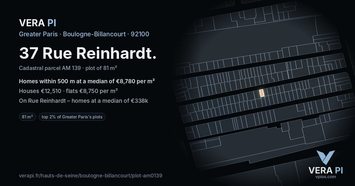 37 Rue Reinhardt, Boulogne-Billancourt at night – the plot lit, the parcels around coloured by the prices near them