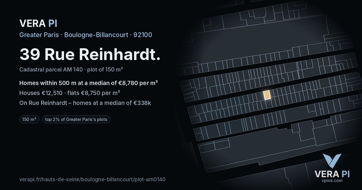 39 Rue Reinhardt, Boulogne-Billancourt at night – the plot lit, the parcels around coloured by the prices near them