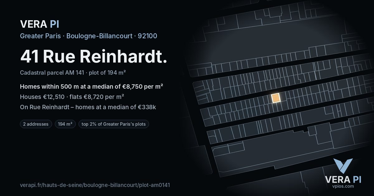 41 Rue Reinhardt, Boulogne-Billancourt at night – the plot lit, the parcels around coloured by the prices near them