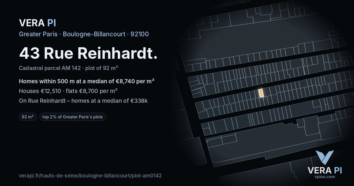 43 Rue Reinhardt, Boulogne-Billancourt at night – the plot lit, the parcels around coloured by the prices near them