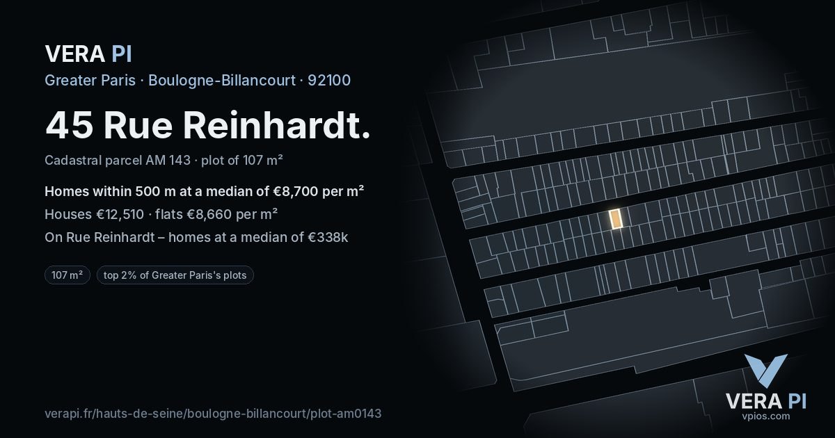 45 Rue Reinhardt, Boulogne-Billancourt at night – the plot lit, the parcels around coloured by the prices near them