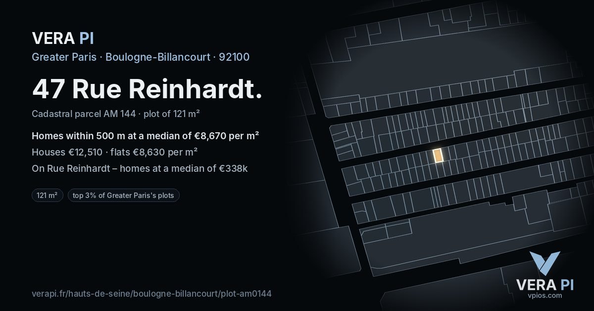 47 Rue Reinhardt, Boulogne-Billancourt at night – the plot lit, the parcels around coloured by the prices near them