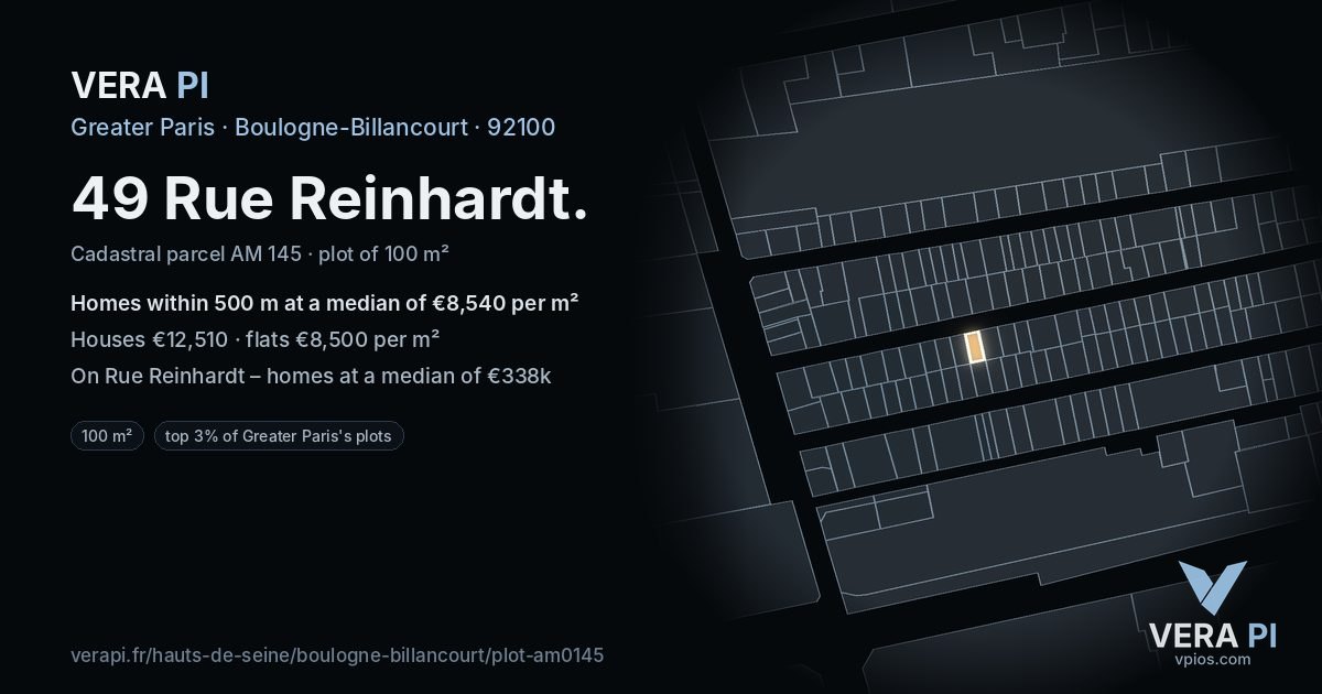 49 Rue Reinhardt, Boulogne-Billancourt at night – the plot lit, the parcels around coloured by the prices near them