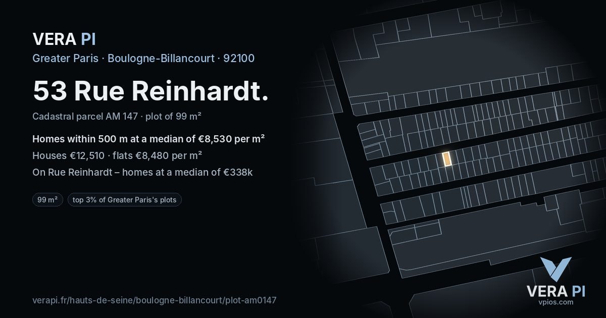 53 Rue Reinhardt, Boulogne-Billancourt at night – the plot lit, the parcels around coloured by the prices near them
