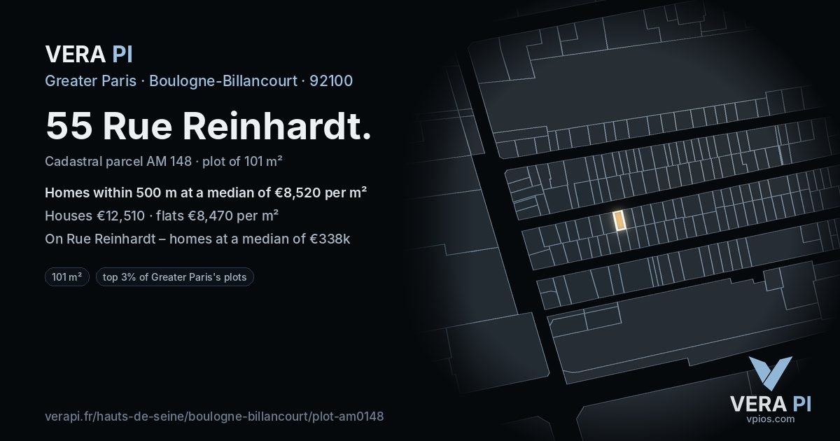 55 Rue Reinhardt, Boulogne-Billancourt at night – the plot lit, the parcels around coloured by the prices near them
