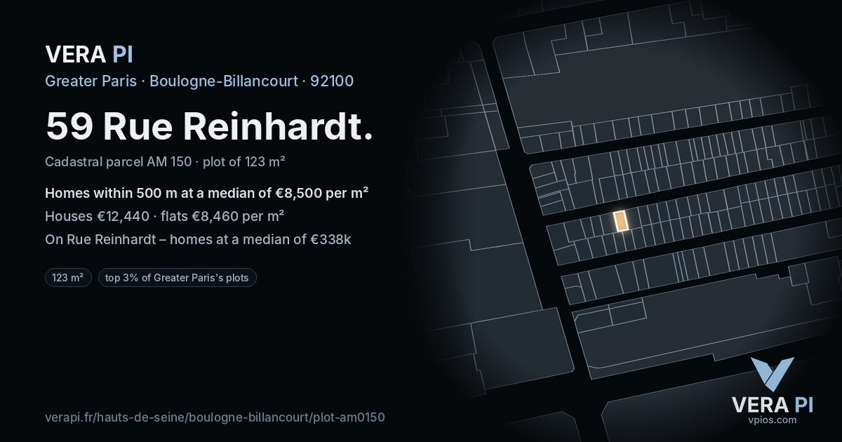 59 Rue Reinhardt, Boulogne-Billancourt at night – the plot lit, the parcels around coloured by the prices near them
