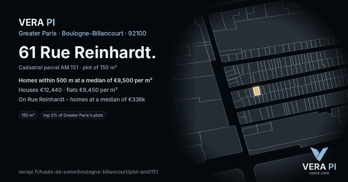 61 Rue Reinhardt, Boulogne-Billancourt at night – the plot lit, the parcels around coloured by the prices near them