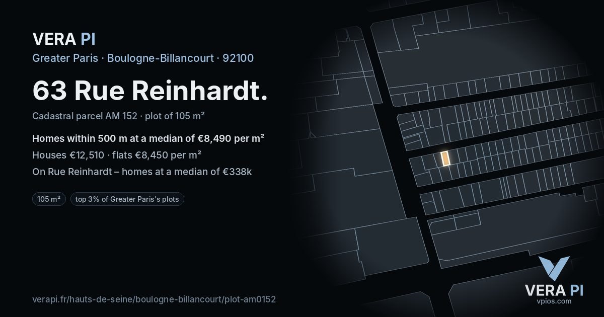 63 Rue Reinhardt, Boulogne-Billancourt at night – the plot lit, the parcels around coloured by the prices near them