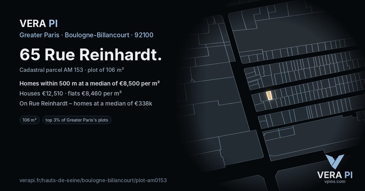 65 Rue Reinhardt, Boulogne-Billancourt at night – the plot lit, the parcels around coloured by the prices near them