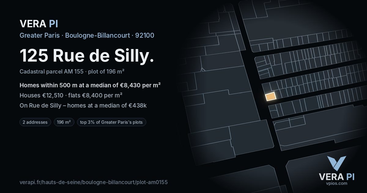 125 Rue de Silly, Boulogne-Billancourt at night – the plot lit, the parcels around coloured by the prices near them