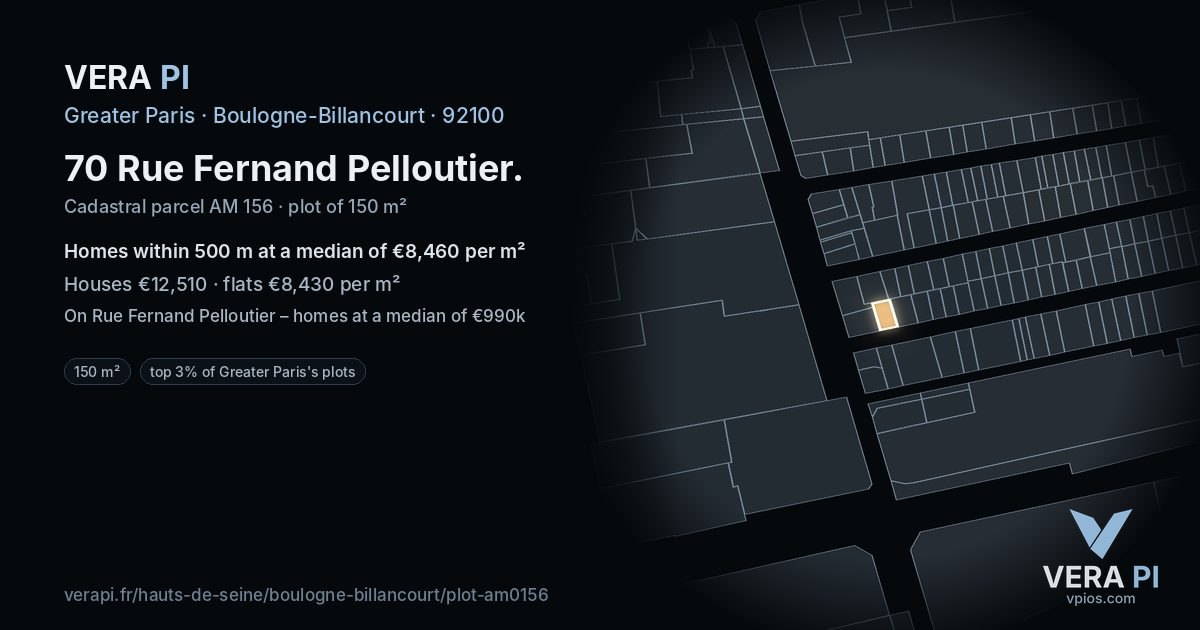 70 Rue Fernand Pelloutier, Boulogne-Billancourt at night – the plot lit, the parcels around coloured by the prices near them