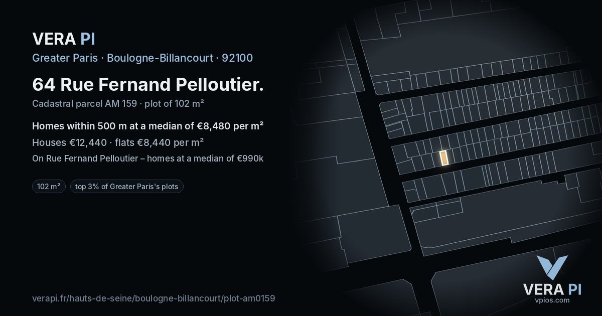 64 Rue Fernand Pelloutier, Boulogne-Billancourt at night – the plot lit, the parcels around coloured by the prices near them